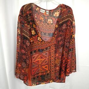 Chico's Floral Sheer Long Sleeve Scoop Neck Silk Blouse Womens 3/16